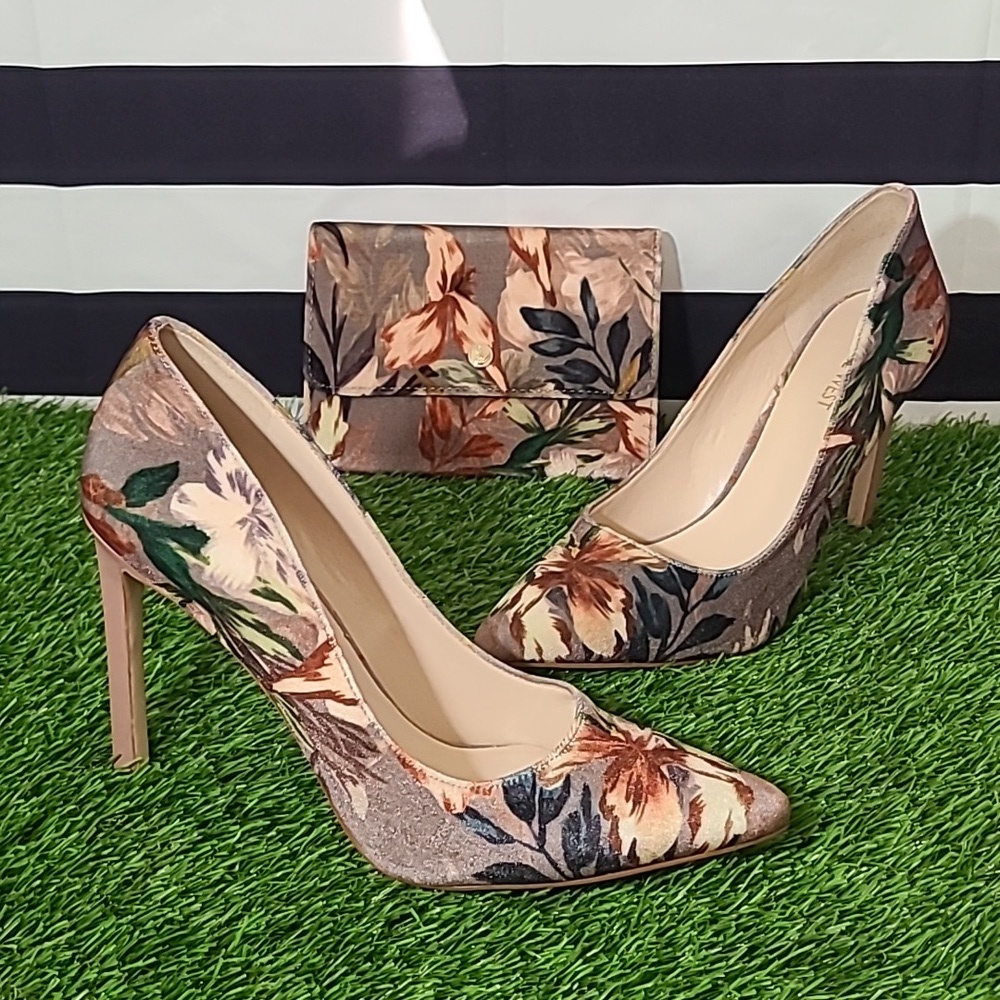 Suede -Like Floral Heels and Matching Clutch
